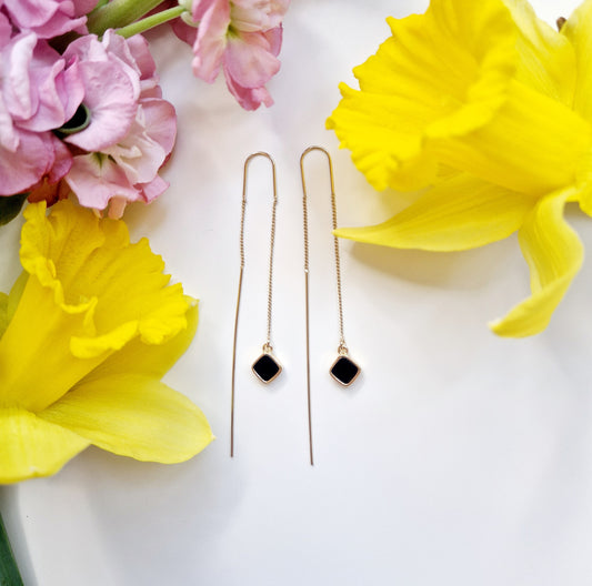 Gold threader earrings with black square pendants