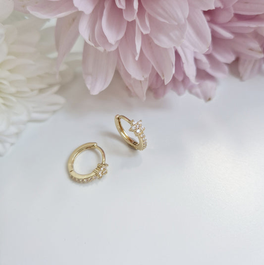 dainty sparkly gold hoops with flower