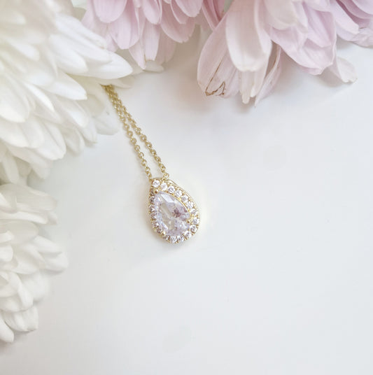 a gold sparkly teardrop necklace